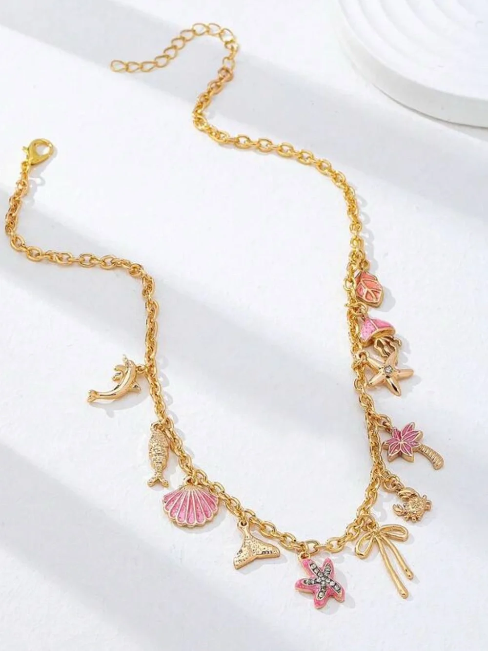 Gold-Tone Pink Enamel Beach Charm Necklace A1656